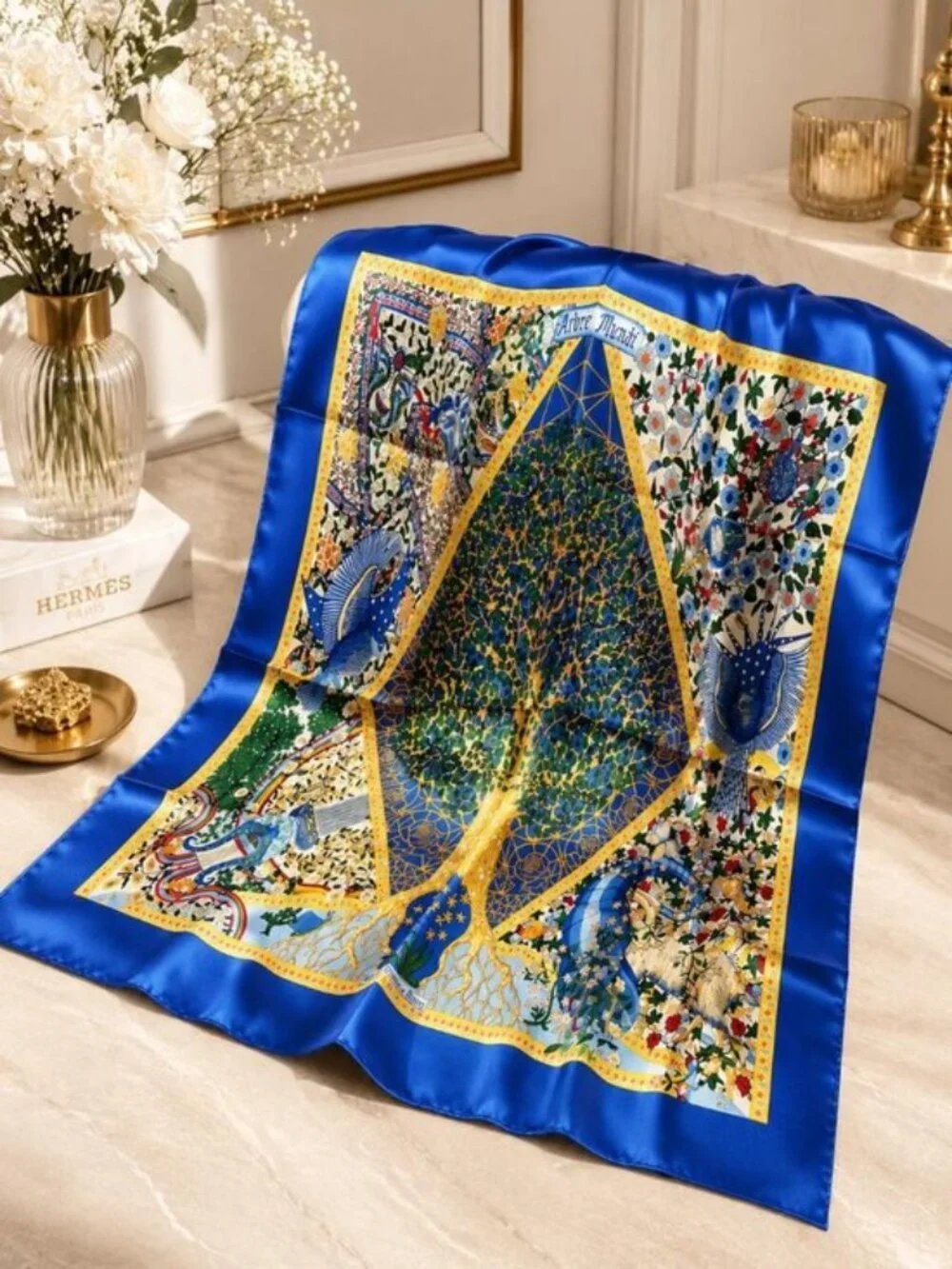 Authentic Hermès Axis Mundi Carré 90 Silk Scarf Blue Multicolor Square